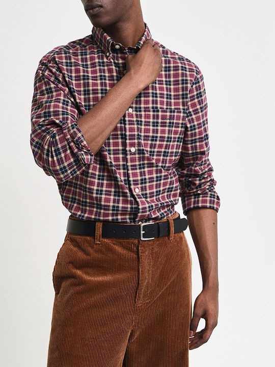 Long Sleeve Cotton Shirt in Regular Fit Checked Burgundy