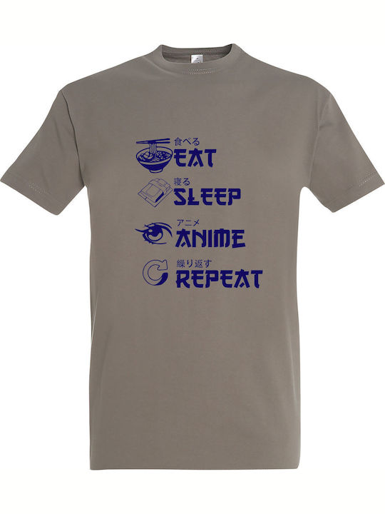 Eat Sleep Anime Repeat T-shirt Χακί Βαμβακερό
