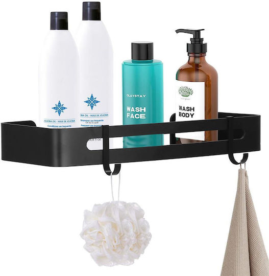 Bathroom Shelf 2 Hooks 2 Wall Mounting Systems Aluminum 32x12x4cm Black