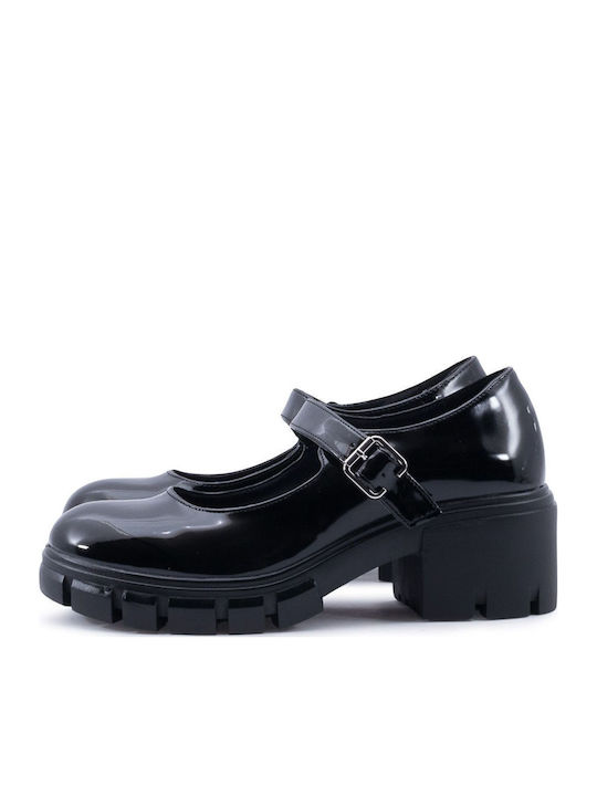 Patent Leather Black Medium Heels with Strap