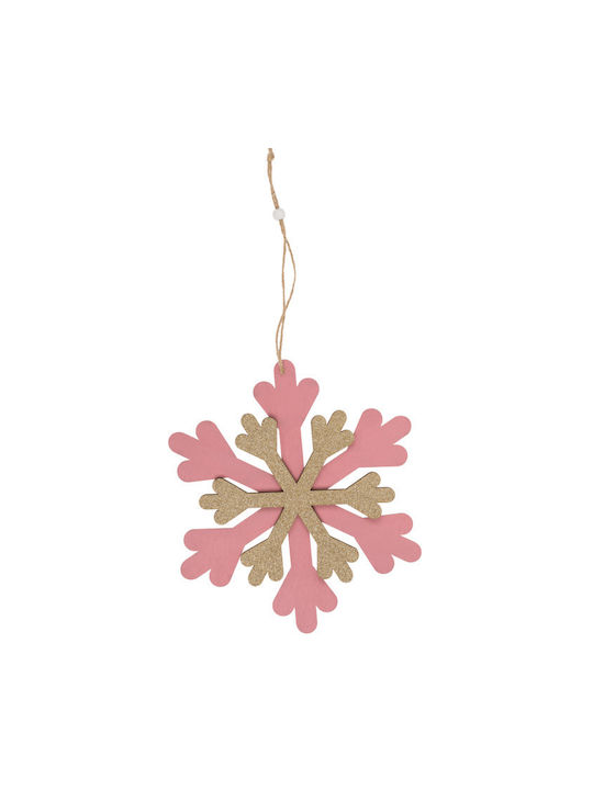 Hanging Snowflake Ornament Wooden Pink with Glitter