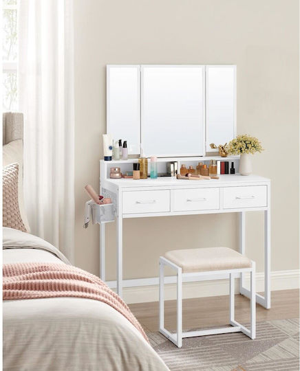 Bodenstehende Schminktisch Schlafzimmer Holz Weiß mit Spiegel & Hocker 90x40x141cm