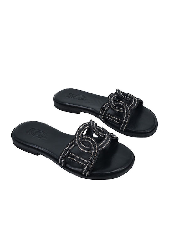 Leder Flache Sandalen für Damen in Schwarz Farbe
