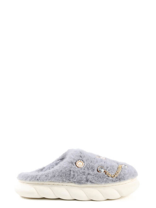 Grey Fur Slippers with Jewelry