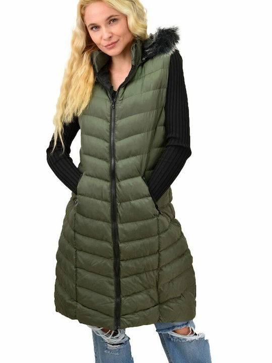 Women's Sleeveless Hooded Jacket Khaki 13844