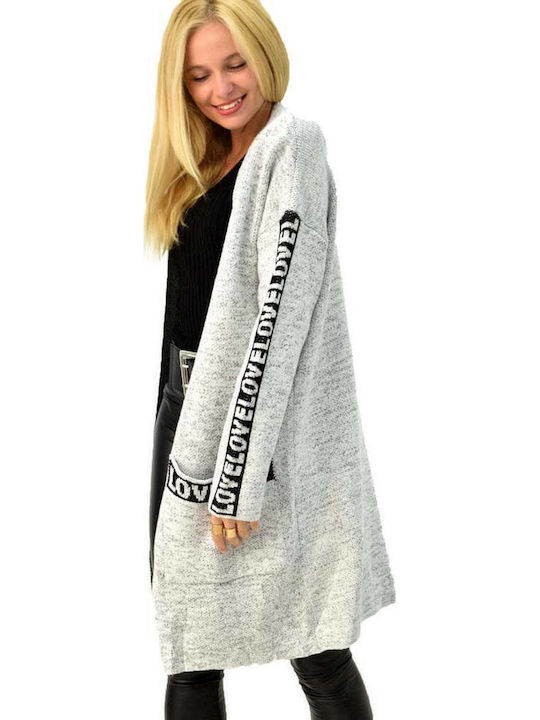 Knitted Cardigan with Sleeve Print Grey 3573