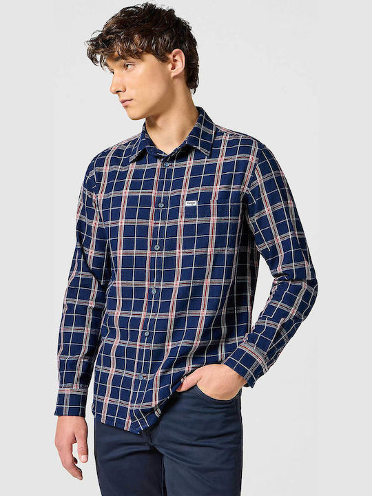 Long-sleeved Cotton Shirt Checked Blue