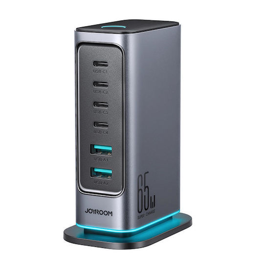 Joyroom Βάση Φόρτισης GaN με 2 Θύρες USB-A και 4 Θύρες USB-C 65W Power Delivery / Quick Charge 3.0 / Quick Charge 4.0 σε Γκρι χρώμα (JR-TCM02)