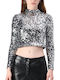 Damen Crop Top Langarm Silber