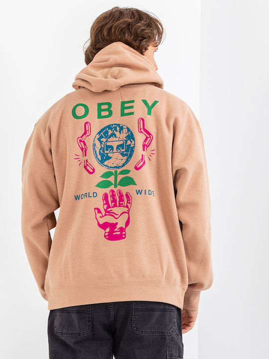 Obey Helping Hand Φούτερ με Κουκούλα Καφέ