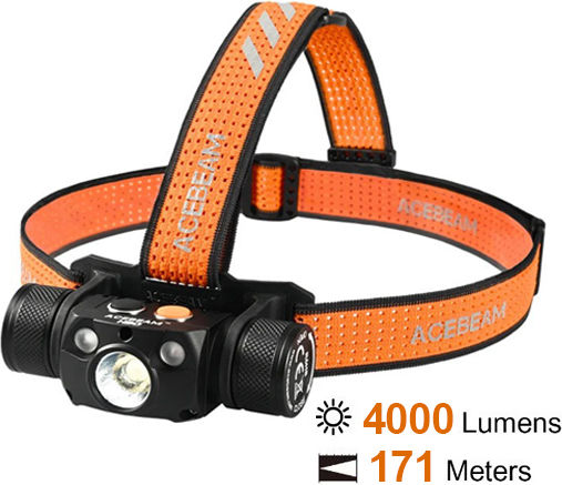 Acebeam Επαναφορτιζόμενος Φακός Κεφαλής LED UV IP68 με Μέγιστη Φωτεινότητα 4000lm