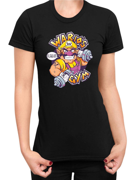 Дамска черна тениска Super Mario Nintendo Wario за фитнес