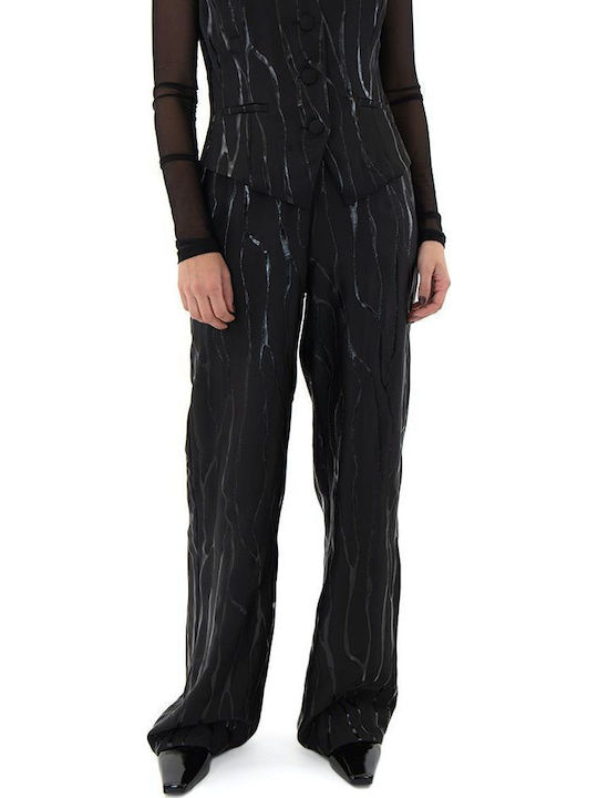 Women's High-waisted Fabric Trousers with Elastic in Wide Line Black