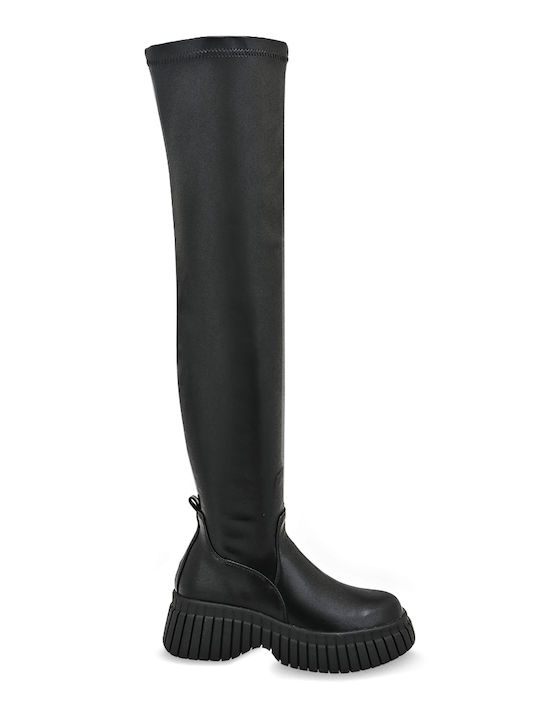 Synthetic Leather Over the Knee Medium Heel Women's Boots Black
