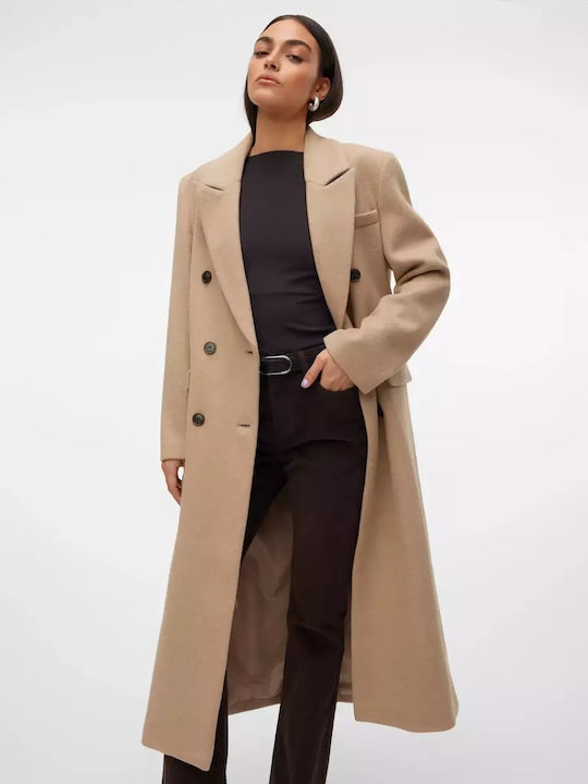 Wool Women's Beige Coat with Buttons