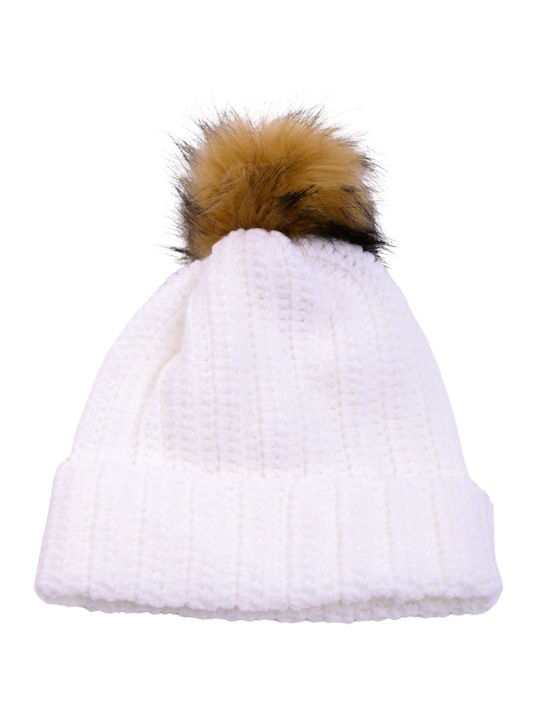 Pom Pom Beanie Frauen Beanie mit Rippstrick in Weiß Farbe