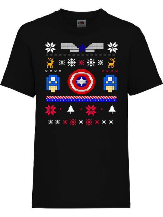 Kid's Christmas Holiday Short-sleeved T-shirt Tralala Captain America Black