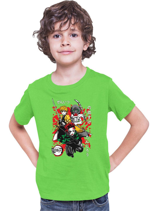 Kid T-shirt Demon Slayer Kimetsu No Yaiba Tralala Tanjiro Zenitsu Inosuke 02 Lime