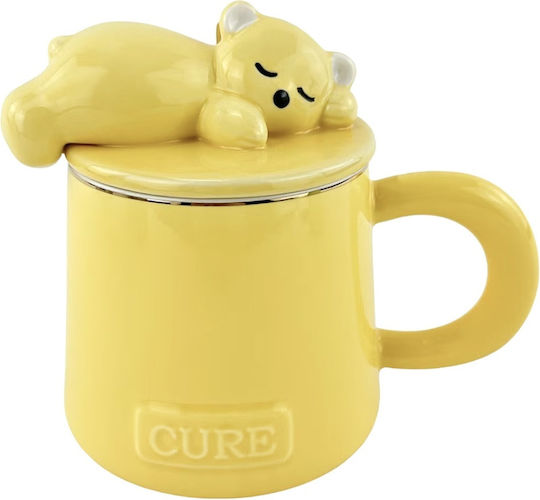 Ceramic Mug Lid Spoon Pufo Sleepy Bear Coffee Tea 320 Ml Yellow