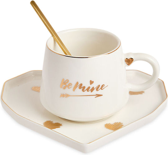 Ceramic Mug Heart-shaped Plate Spoon Pufo Be Mine Coffee Tea 180 Ml White
