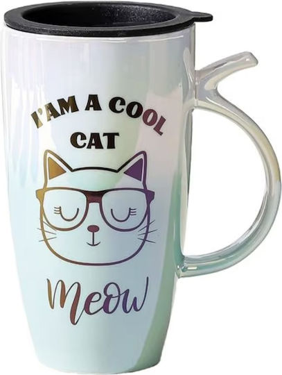Cana Înaltă Ceramică Cu Capac Pufo Cool Cat Cafe Ceai 450 Ml