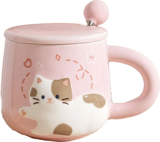 Ceramic Mug With Lid Spoon Pufo Happy Kitty Coffee Tea 350 ml Pink