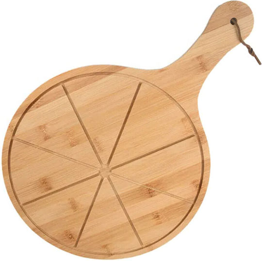 Round Bamboo Wood Serving Platter Handle Food Appetizers Pizza 43 X 30 Cm Brown