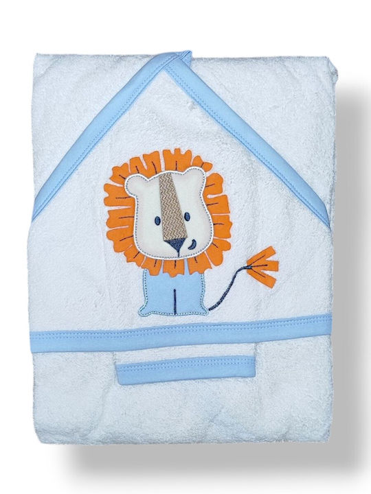 Babydom Baby Bath Towel Hooded in Cream with Blue Details 100x100cm