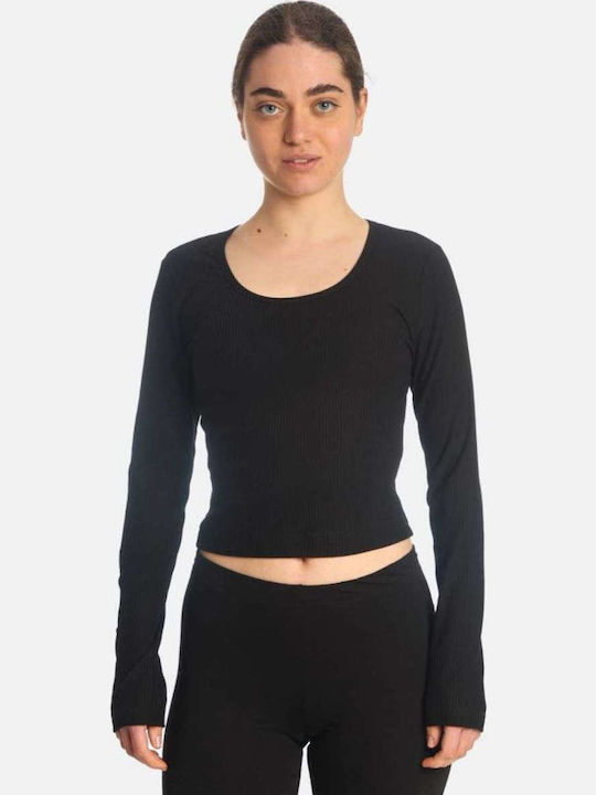 Γυναικείο Crop Top Βαμβακερό Μακρυμάνικο Black
