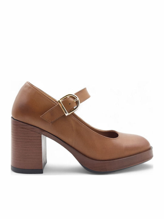 Leder Pumps mit Riemchen Tabac Braun