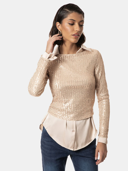 Long Sleeve Sequin Blouse Beige Beige