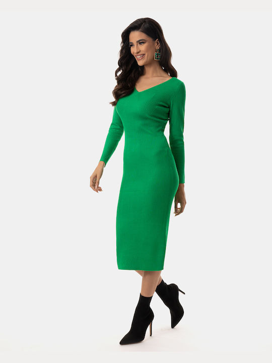Πλεκτό Φόρεμα Maxi V Neck Πράσινο Πράσινο