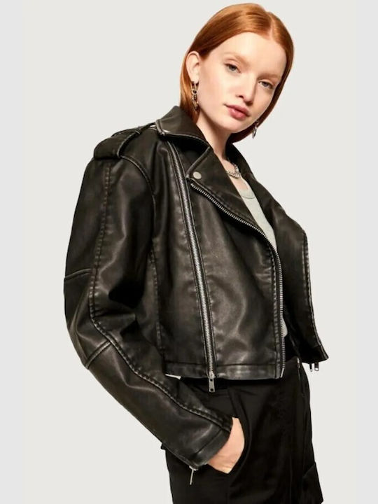 Only Women's Short Biker Artificial Leather Jacket for Spring or Autumn Black