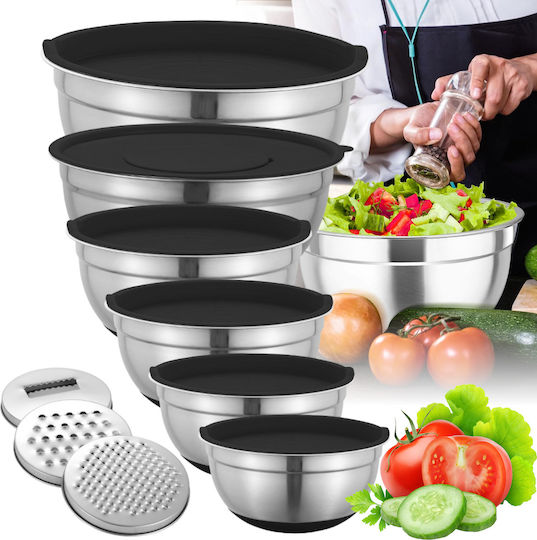 Set 6 Stainless Steel Mixing Bowls Lids Non-Slip Silicone Base Smart Storage Airtight Closure 3 Graters