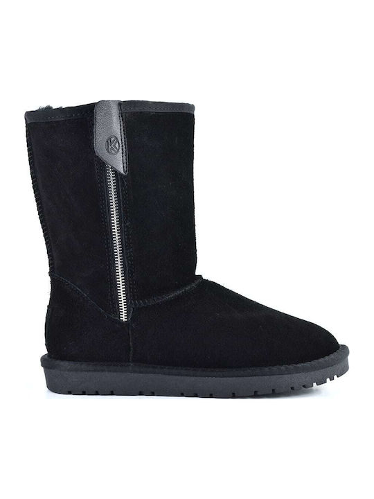 Leather Women's Ankle Boots with Fur Black