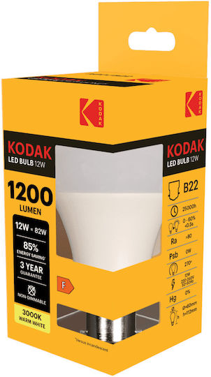 Kodak LED Лампа 12W За Накрайник B22 И Форма A60 Топло Бяло 1180 Лумени Димируема