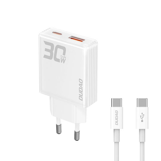 Dudao Φορτιστής GaN με Θύρα USB-C και Καλώδιο USB-C - USB-C 30W Power Delivery / Quick Charge 3.0 Λευκός