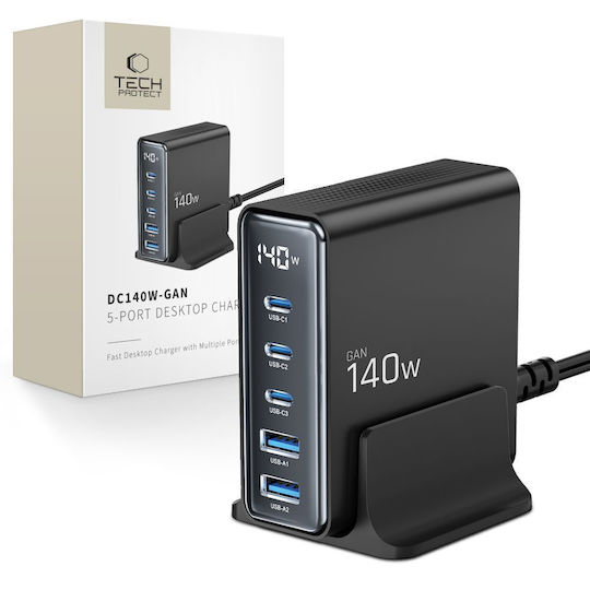 Tech-Protect Charging Stand with 2 USB-A Ports and 3 USB-C Ports and Cable micro USB 140W Quick Charge 3.0 / Power Delivery in Black color (DC140W-GAN)
