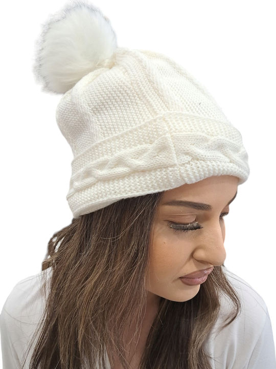 Pom Pom Beanie Beanie Knitted in White color