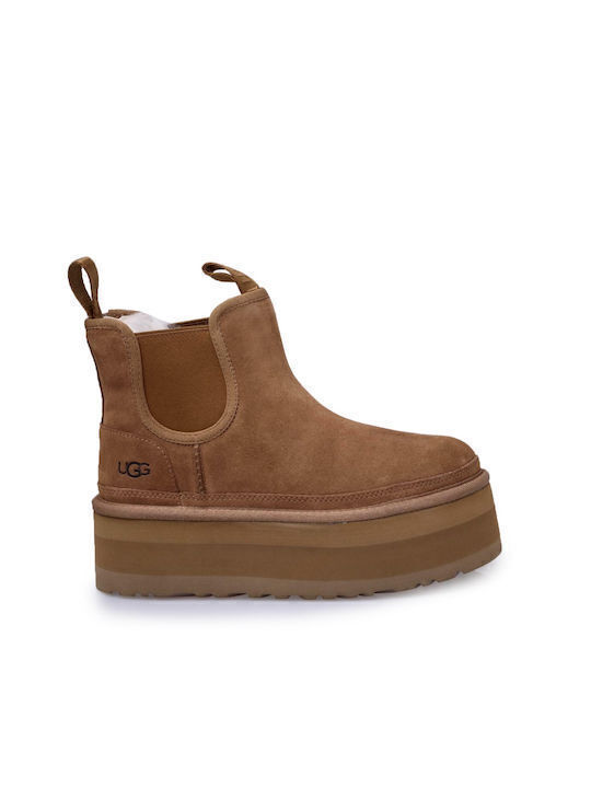 Neumel Platform Leather Women's Chelsea Boots with Medium Heel Camel