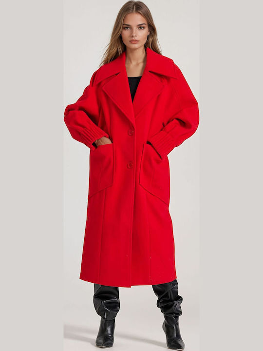 Women's Crimson Red Coat with Buttons
