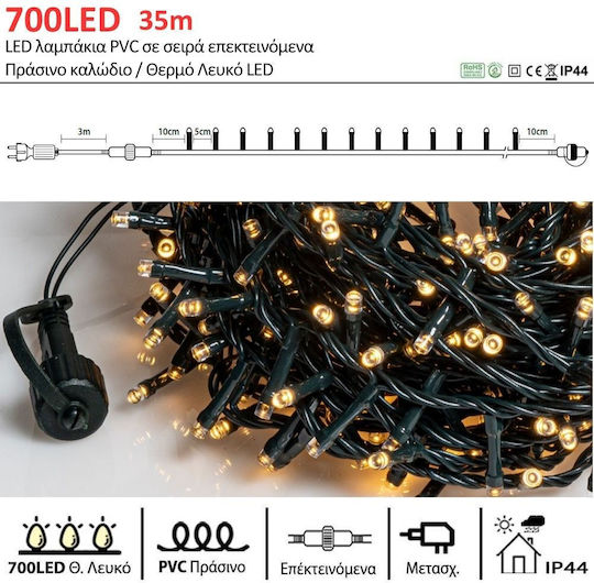 1000 LED IP44 50m Ghirlandă Extensibilă Cablu Verde LED Alb Cald L63349
