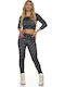 Women's Athletic Crop Top Long Sleeve Fast Drying Grey Print