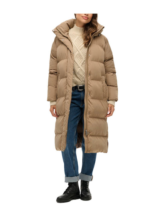 Superdry Lang Damen Puffer Jacke für Winter Braun