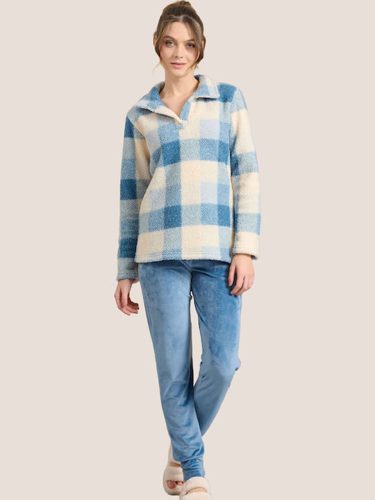 Jeannette Lingerie Χειμερινό Γυναικείο Σετ Πιτζάμας Fleece Σιελ