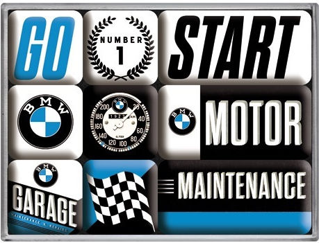 Nostalgic Μαγνητάκια Bmw Motor 83097 Μπλε Άσπρα Mεταλλικά Ρετρό Σετ 9 Τμχ Διάφανη Συσκευασία Δώρου 10x7x2 Cm