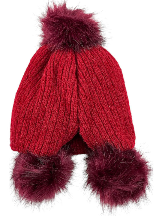 Pom Pom Beanie Γυναικείος Σκούφος Πλεκτός σε Μπορντό χρώμα