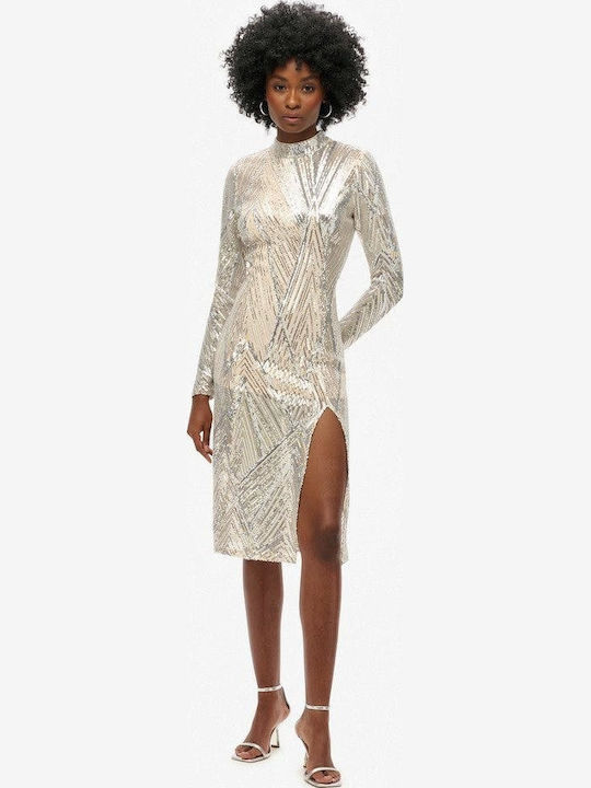 Midi Abendkleid Off-Shoulder Silber