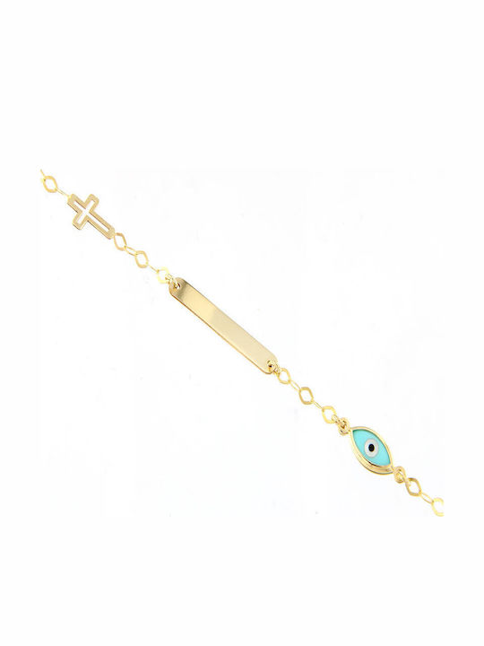 Ios Kids Bracelet ID from Gold 9K with Evil Eye, Σταυρό & Stones