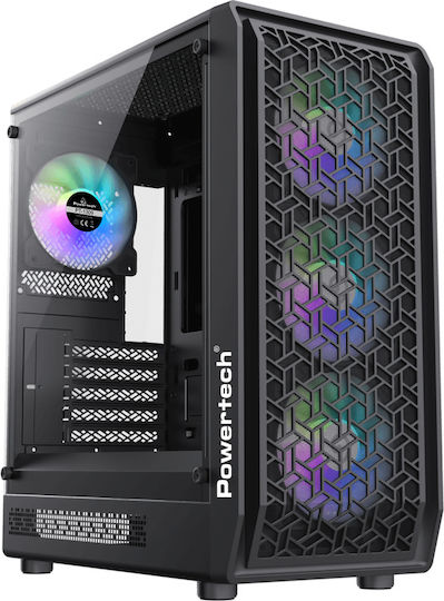 Powertech PT-1309 Gaming Midi-Turm Computergehäuse mit Seitenfenster und RGB-Beleuchtung Schwarz